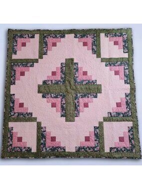 Pink Green Floral Square Patchwork Quilt | Cozy Handmade Boho Cottagecore Throw